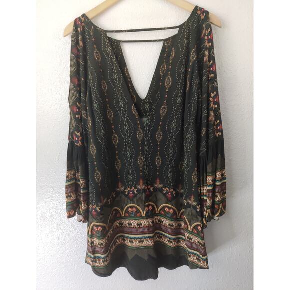 Farm Rio Green Rayon Cut Out Neck & Back Bell Sleeve Mini Swing Dress PP - Picture 1 of 9